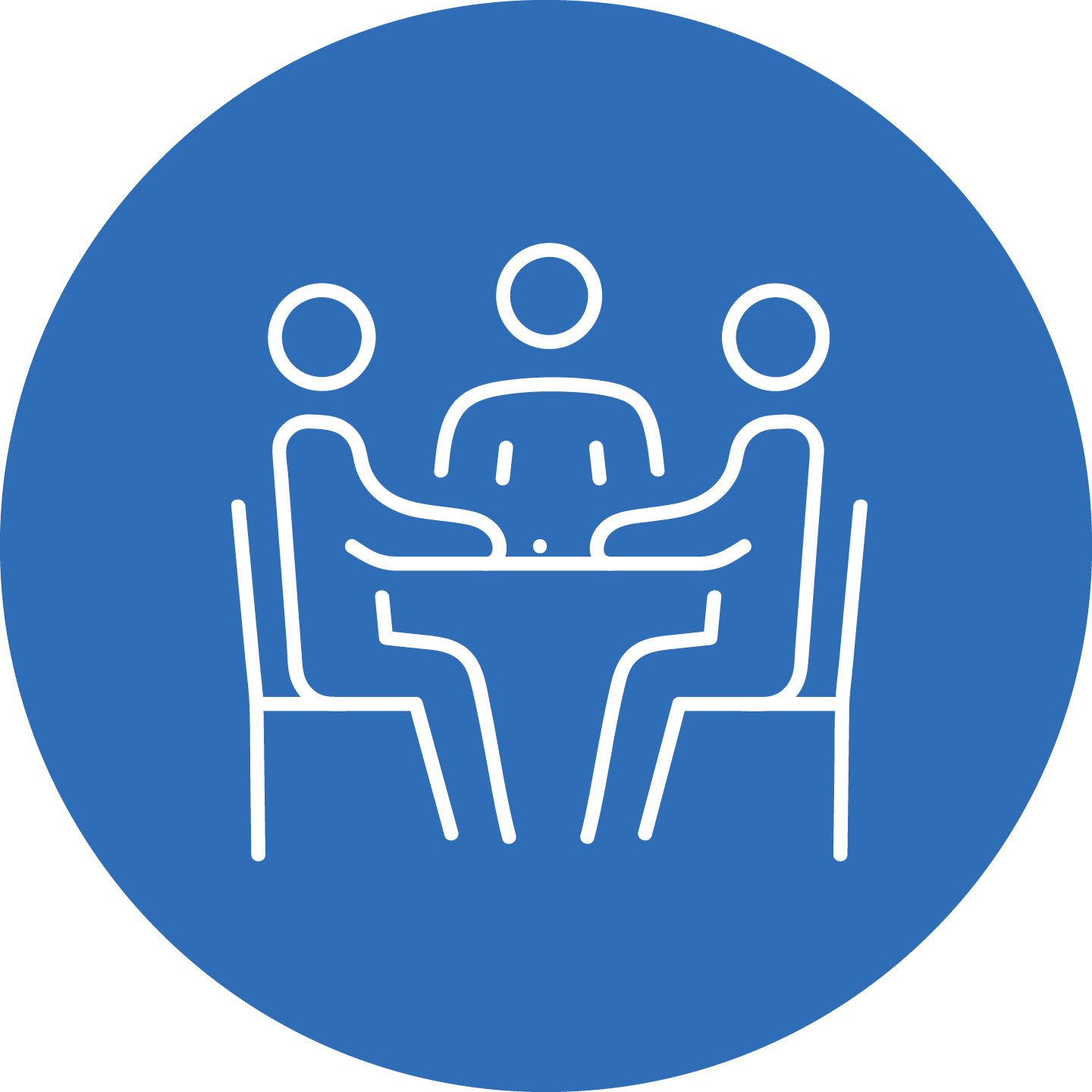 illustration of 3 person sitting on chairs in a blue filled circle